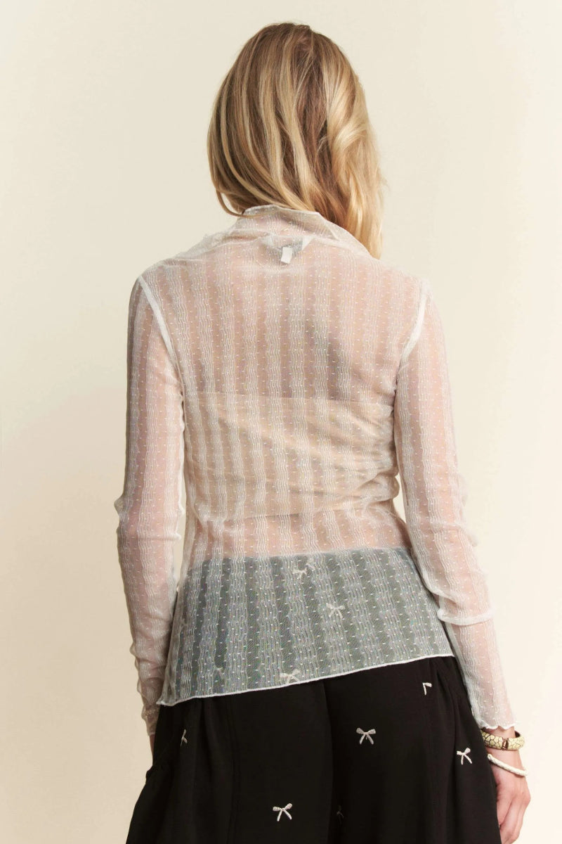 Davi & Dani Turtle Neck Lace Dotted Stretch Mesh Sheer Top - Love Salve